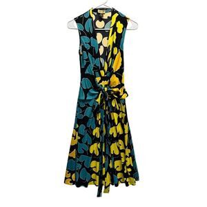 Issa‎ London Silk Faux Wrap Dress Yellow Teal Floral Print Sleeveless US 6